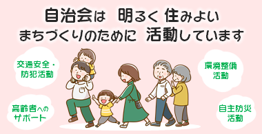 イラスト：自治会は明るく住みよいまちづくりのために活動しています　活動例：交通安全・防犯活動、環境整備活動、高齢者へのサポート、自主防災活動