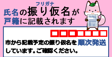 氏名のフリガナが戸籍に記載されます。市から記載予定のフリガナを順次発送しています。ご確認ください。
