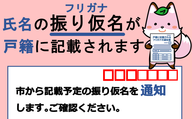 氏名のフリガナが戸籍に記載されます。市から記載予定のフリガナを通知します。ご確認ください。