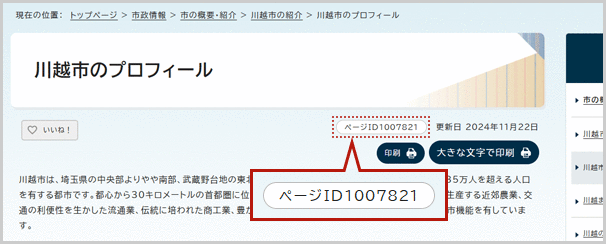 ページタイトルの下に掲載されているページIDを示した図
