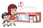 イラスト：コンビニへ交付サービス利用に行く親子