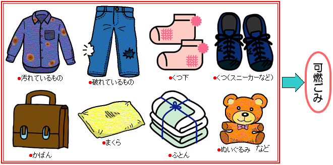イラスト：出せないもの　汚れているもの、破れているもの、くつ下、くつ（スニーカーなど）、かばん、まくら、ふとん、ぬいぐるみなどは可燃ごみとして出してください。