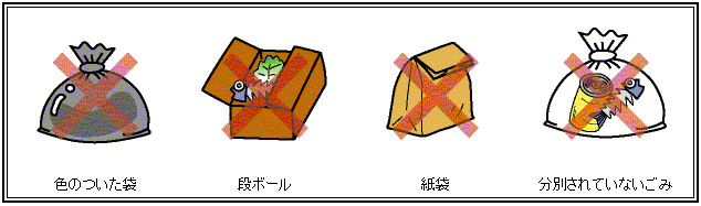 イラスト：ルール違反　色のついた袋、段ボール、紙袋、分別されていないごみはルール違反です。