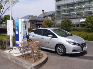 写真:電気自動車と急速充電器