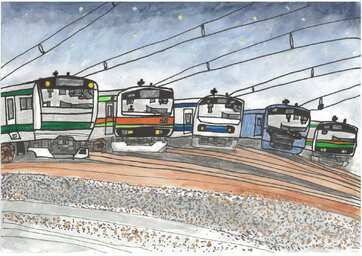 写真：最優秀賞　『始発列車発車後の川越車両センター』の絵