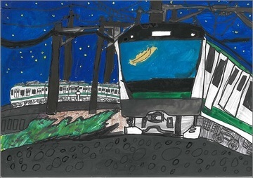 最優秀賞　『月が反射して南古谷カーブを曲がる夜の川越線』の絵