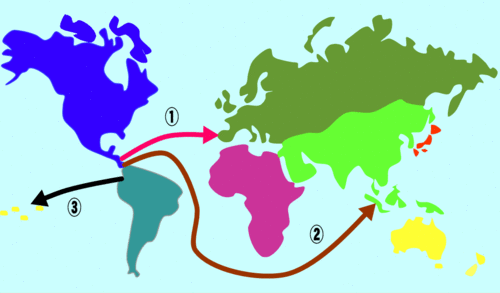 イラスト：サツマイモの広まったルートを世界地図で説明