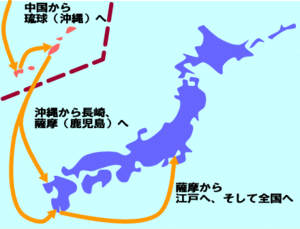 イラスト：サツマイモの広まったルートを日本地図で説明