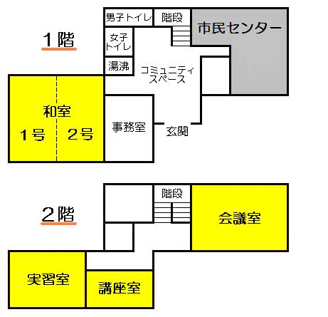 イラスト：芳野公民館芳野公民館の1階と2階の部屋などの配置図です