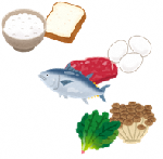 栄養バランスのとれたイラスト（ごはん、パン、魚、肉、ホウレンソウ、ブナシメジ）