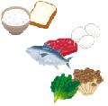バランスのとれた食材のイラスト（ごはん、パン、魚、肉、ホウレンソウ、ブナシメジ）