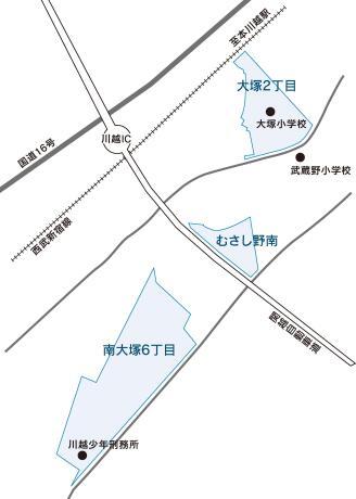 地図：南大塚6丁目、大塚2丁目、むさし野南の区域