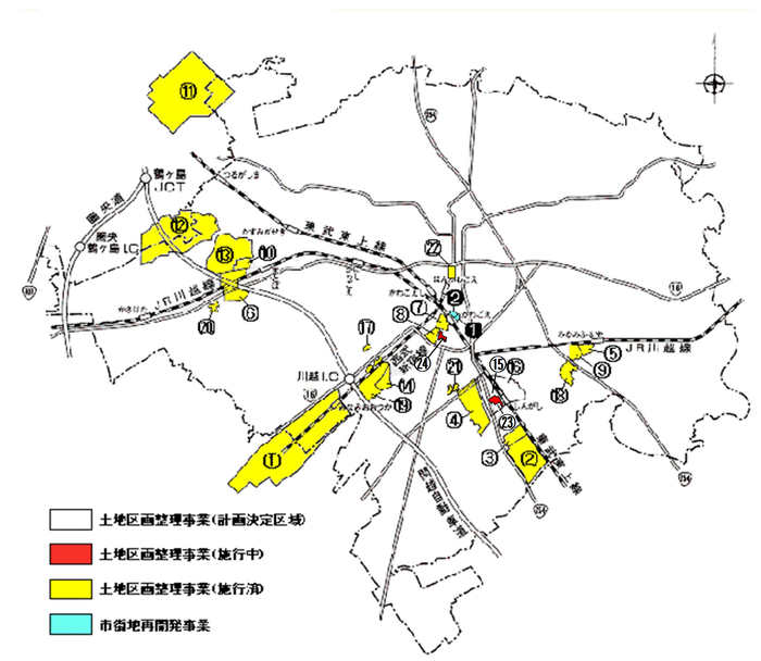 地図：川越市内土地区画整理事業・市街地再開発事業位置図