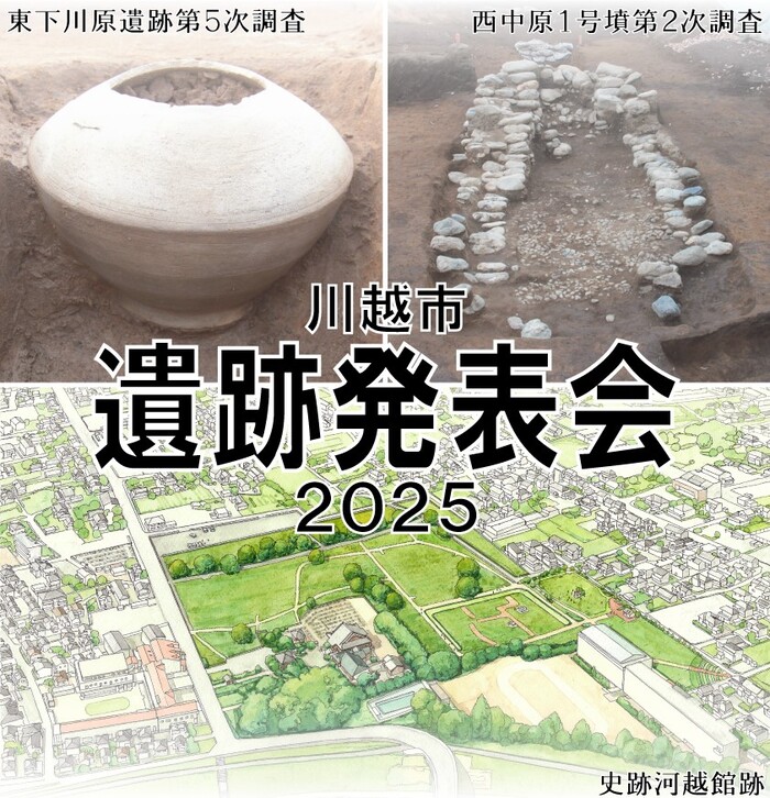 川越市遺跡発表会2025、東下川原遺跡第5次調査の遺物写真、西中原1号墳第2次調査の遺構写真、史跡河越館跡の全景イラスト