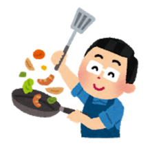 イラスト：フライパンで食材を炒めている男性