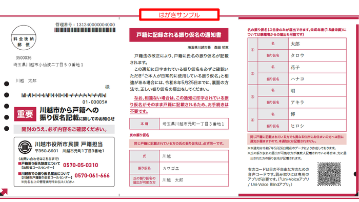 写真：通知はがきのサンプルが表示されています。実際のハガキには、音声コードが付いており、専用のアプリで読み込むと音声でハガキの内容をお伝えします。