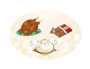 イラスト：鶏の丸焼き、肉まん、チョコレート