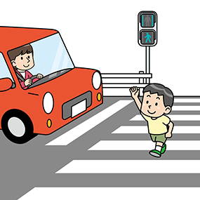 イラスト：手を上げて横断歩道を渡るこども