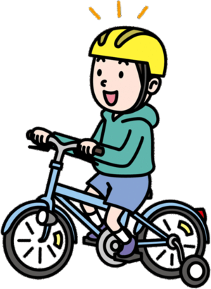 イラスト：ヘルメットをかぶり自転車に乗る少年