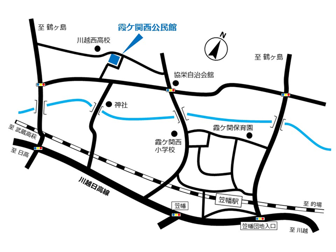 地図：霞ケ関西公民館の場所は県立川越西高校正門前