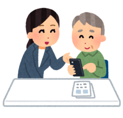 イラスト:女性スタッフが優しく、高齢の男性にスマートフォンの使い方を教える様子
