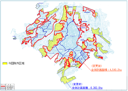 計画から除外される区域を表した地図、今回除外区域、（変更前）全体計画面積6360ヘクタール、（変更後）全体計画面積4543.2ヘクタール
