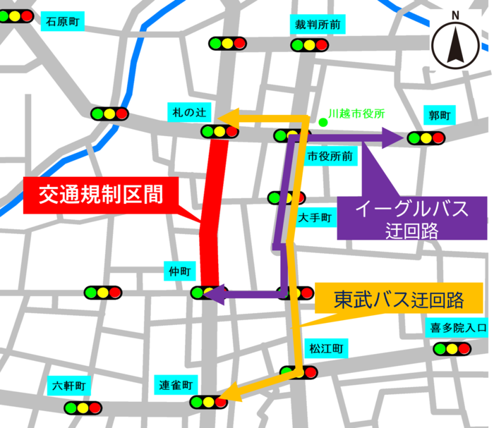 イラスト:交通規制の実施範囲を示す地図。交通規制(歩行者天国)区間は仲町から札の辻。東武バスは、連雀町から札の辻間を松江町・市役所方面に迂回。イーグルバスは、仲町から札の辻間を大手町方面に迂回。
