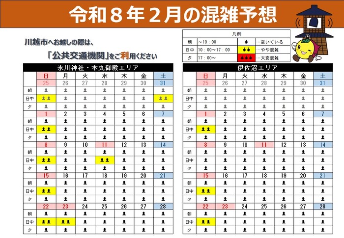 氷川神社周辺・本丸御殿エリア、伊佐沼エリアの2月混雑予想イメージ図