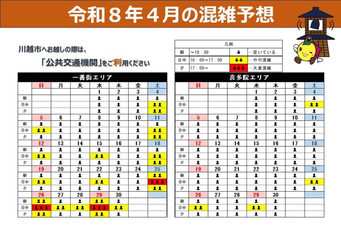 一番街エリア及び喜多院エリアの4月混雑予想イメージ図