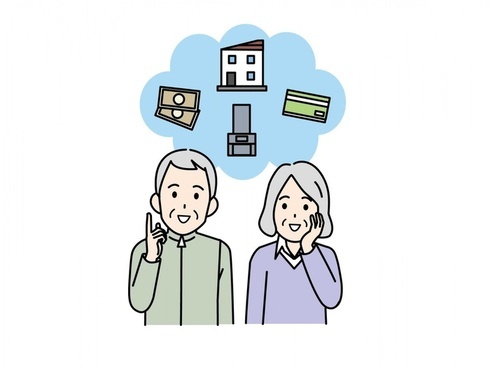 高齢の男女が終活について考えている様子のイラスト