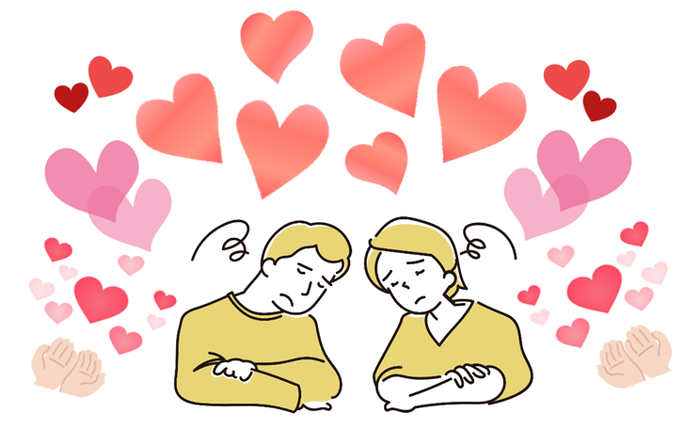 うなだれた男女をとりまくハートと差しのべられた手のイラスト