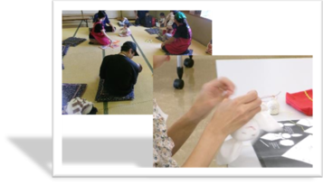 令和6年度に開催した布おもちゃ講座の製作している様子とお子さんと遊ぶ様子の写真
