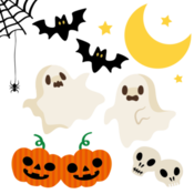 ハロウィンのおばけかぼちゃ、骸骨、コウモリ、お化け、星と月、蜘蛛の巣のイラスト