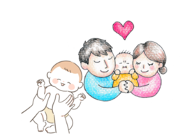 マッサージを受ける赤ちゃんと親子3人の上にハートマークがあるイラスト