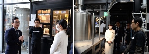 左：左から、朝霧社長、尾﨑様、森田市長が会話をしている写真、右：ビールの醸造設備を見学する様子の写真