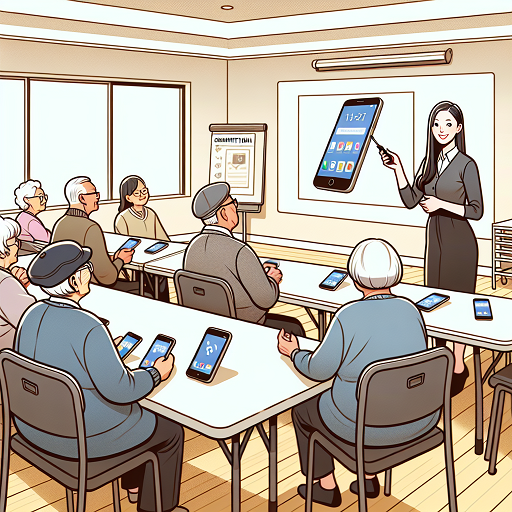 イラスト画像:講師が椅子に座る高齢者にスマートフォンの操作方法を解説する様子