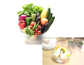 野菜、フルーツヨーグルトの写真