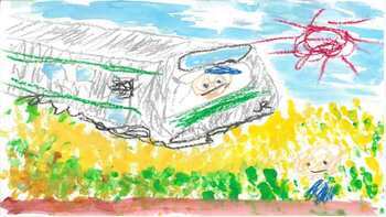 写真：優秀賞　『じいじまでやまぶきレールでひとっとび』の絵