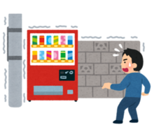 電柱、自動販売機、ブロック塀が地震で揺れ、近くにいる人が慌てているイラスト