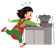 料理中に地震が起きて、急いで火を消す女性のイラスト