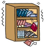本棚が地震で揺れているイラスト