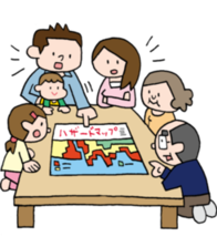 家屋でハザードマップを見ながら話し合いをするイラスト