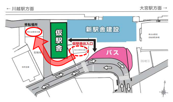 地図イラスト:南古谷駅前交番が南古谷駅仮駅舎の東側から西側に移転しました。