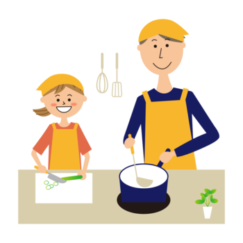 親子が料理しているイラスト