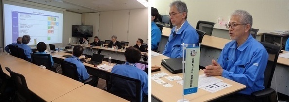 事業説明を受ける様子（左）及び事業について話す髙野社長（右）の写真
