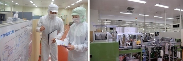 包装棟で説明を受ける森田市長（左）及び作業場の様子（右）の写真