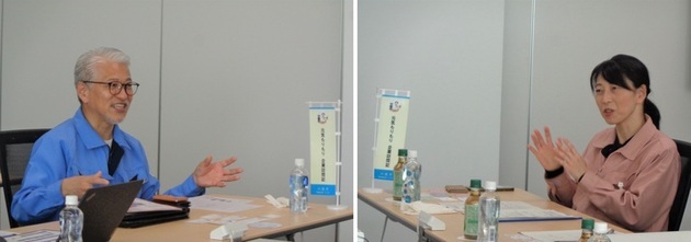対談を行う髙野社長（左）と森田市長（右）の写真
