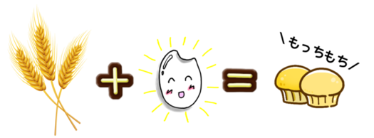 小麦粉にお米を足したらもっちもちの蒸しパンになる足し算のイラスト