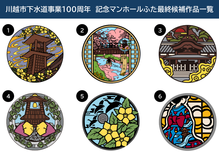 記念マンホールふたのイラスト　市民投票最終候補作品一覧　1夕暮れと時の鐘　2新河岸川の通運　3正面から見た本丸御殿　4時の鐘とさつまいも　5空を飛ぶ雁と山吹の花　6着物を来た女性の後ろ姿