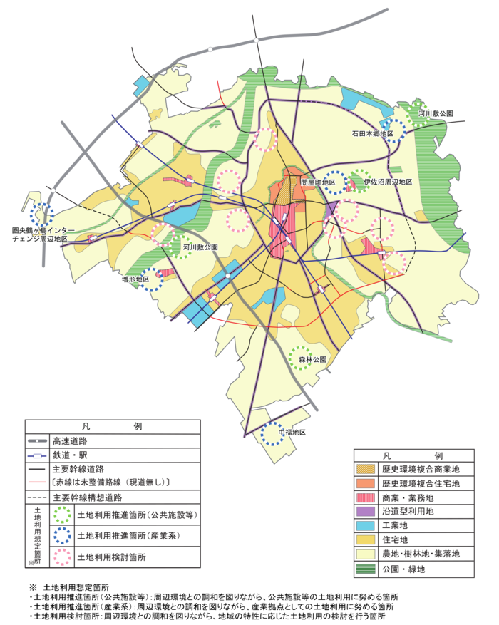 イラスト:都市計画マスタープランの「土地利用想定箇所」と「沿道型利用地」が示された図
